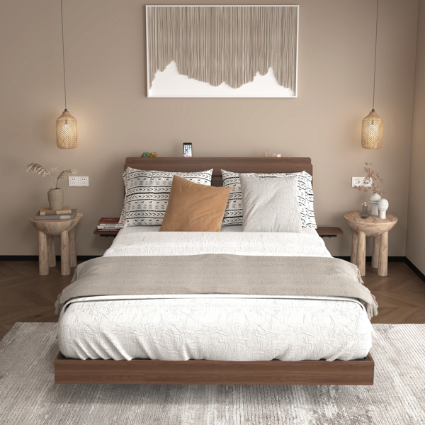 Floating Bed Frame Queen With Led Lights And Charging Station, Wood Queen Size Bed Frame With Storage Headboard, No Box Spring Needed, Easy Assembly,Walnut