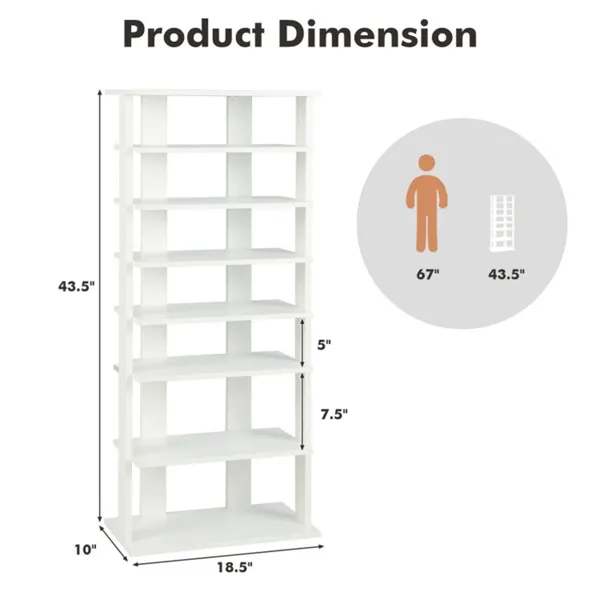 7-Tier Double-Row Shoe Rack With Adjustable Shelves, Anti-Tipping Narrow Storage Rack For Entryway Closet-White