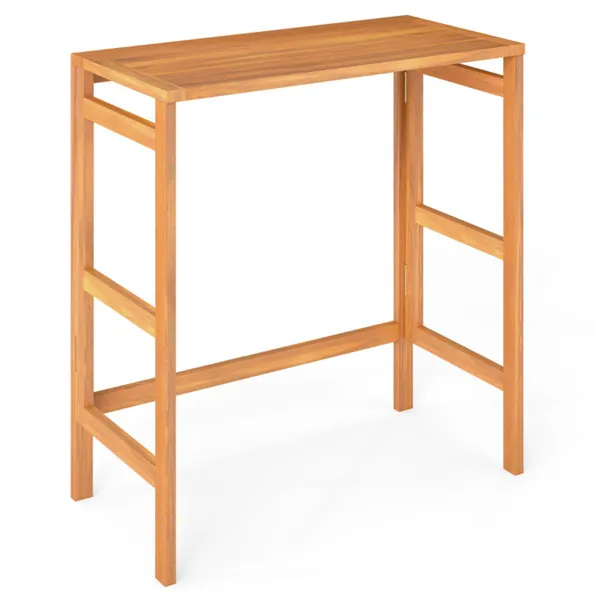 Natural Acacia Wood Foldable Patio Bar Table With Footrest & Slatted Top, Space-Saving Outdoor Pub Table