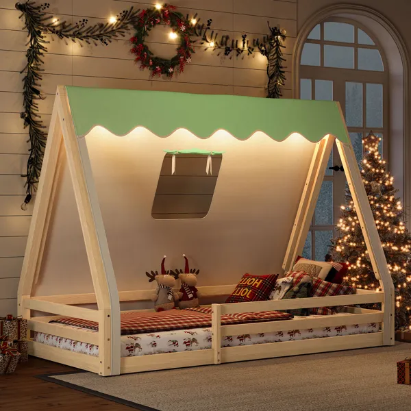 Twin Size House Floor Bed With Tent And Light, Solid Wood Teepee Floor Bed With Full-length Guardrails, Montessori And Childlike Design, Natural+Green