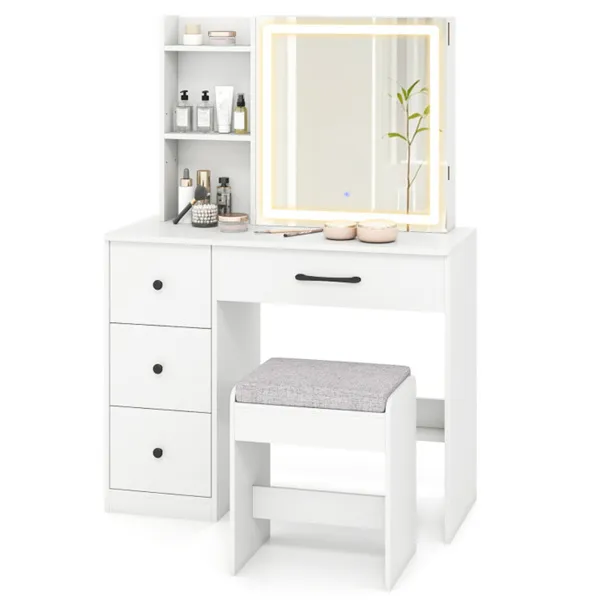 White Vanity Desk And Stool Set With Sliding Mirror & 3-Mode LED Light Strip, Anti-Toppling Dressing Table With Ample Storage