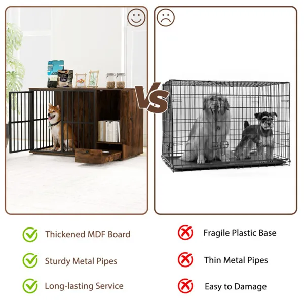 Coffee 2-in-1 Dog Crate End Table With Pull-Out Feeder, Chew-Resistant Metal Tube Pet Furniture For Small & Medium Dogs