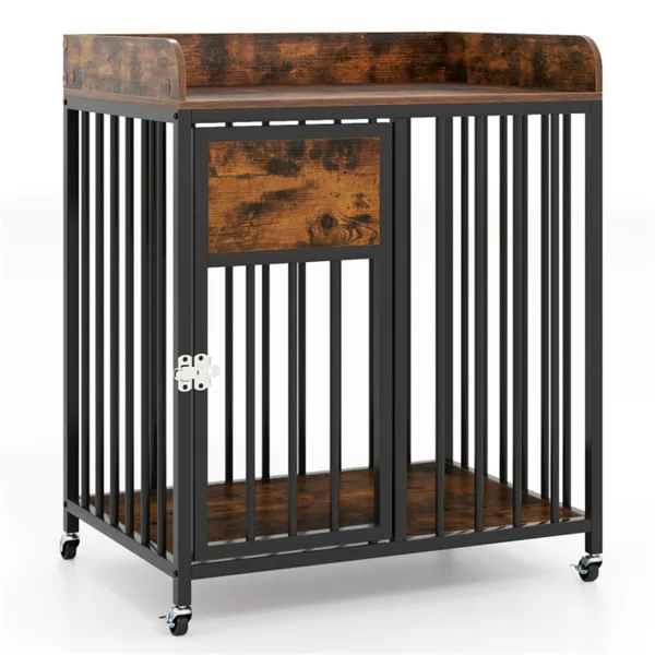 2-in-1 Dog Crate Furniture With Thickened Metal Tubes, Lockable Wheels Pet Kennel For Small Dogs