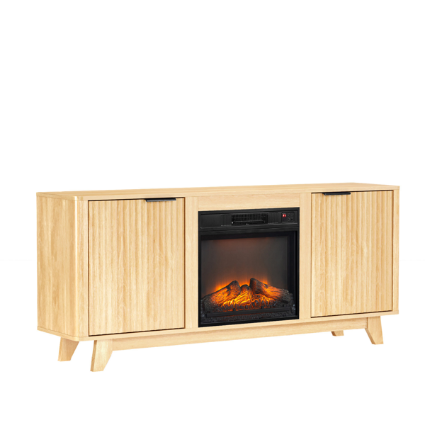 Oak Finish Fireplace TV Stand With 18 Inch Insert & Double Grid Doors, Embossed Particle Board Media Console 58 X 13.6 X 25.4 Inch