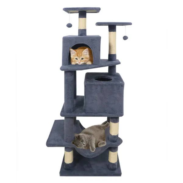 57" Multi-Level Cat Tree For Multi-Cat Households, 2 Condos & Hammock With Sisal Scratching Posts-Gray