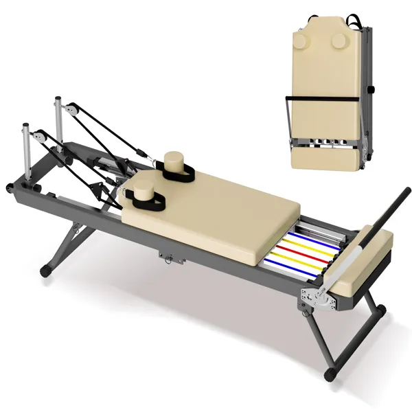 Pilates Reformer Machine For Home Gym Workout, Foldable Pilates Equipment With High Strength Alloy Springs For Beginners, Up To 330lbs,Beige