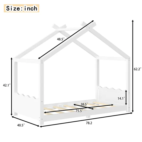 Twin House Floor Bed With Support Slats, Solid Wood House Bed Frame For Kids, No Box Spring Needed And Opening Constructure, White