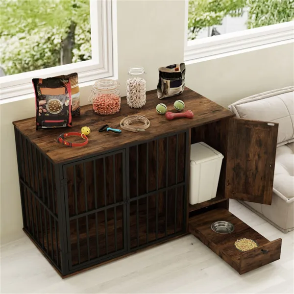 Coffee 2-in-1 Dog Crate End Table With Pull-Out Feeder, Chew-Resistant Metal Tube Pet Furniture For Small & Medium Dogs