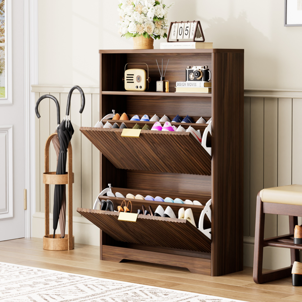 Shoe Cabinet Storage For Entryway Hidden Shoes Storage Cabinet With 2 Flip Drawers, Tall Free Standing Shoe Organizer Rack For Foyer, Hallway. Walnut,31.6'' L X 9.6'' W X 40'' H._voghion.com
