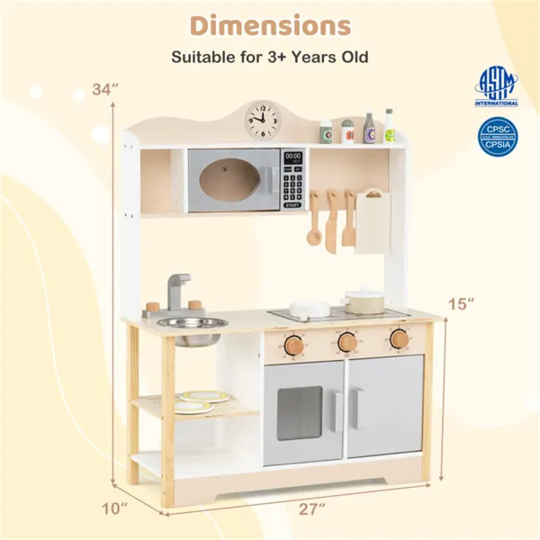 Gray Wooden Kids Play Kitchen With 13 Accessories, Pretend Cooking Set For Toddlers 3+
