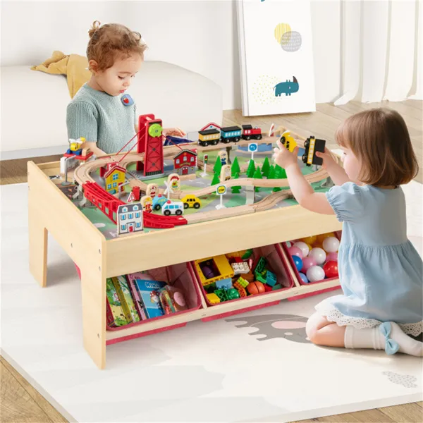 Kids Wooden Train Table With 94PCS Accessories, 2 Reversible Tabletops & 3 Fabric Storage Drawers For Ages 3+ - Image 1