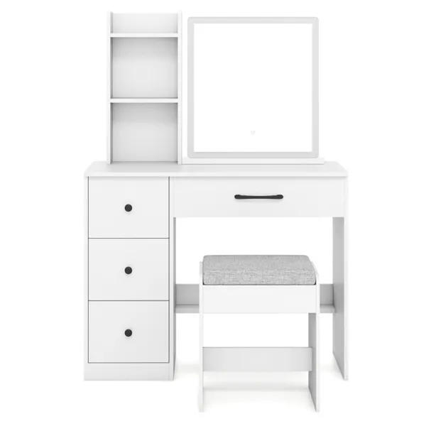 White Vanity Desk And Stool Set With Sliding Mirror & 3-Mode LED Light Strip, Anti-Toppling Dressing Table With Ample Storage