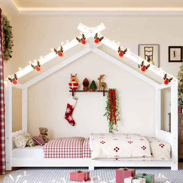 Twin House Floor Bed With Support Slats, Solid Wood House Bed Frame For Kids, No Box Spring Needed And Opening Constructure, White