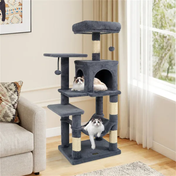 44" Multi-Level Cat Tree With Spacious Top Perch, 2-Door Condo & Hammock For Indoor Cats -Gray