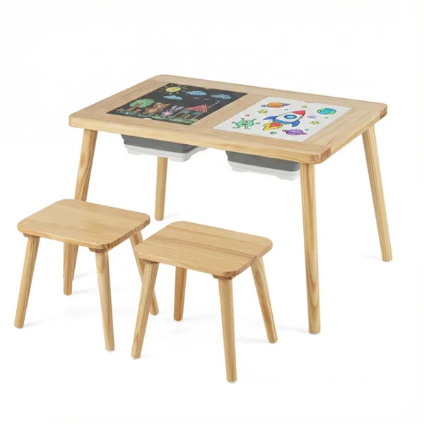 All-in-One Kids Activity Table And Chairs Set, Pine Wood Sensory Table With Foldable Storage Bins, Chalkboard & Whiteboard For Ages 3+