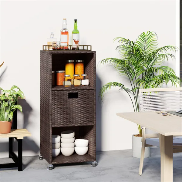 Mix Brown PE Rattan Outdoor Storage Cabinet, 3-Shelf With Removable Drawer & Lockable Wheels