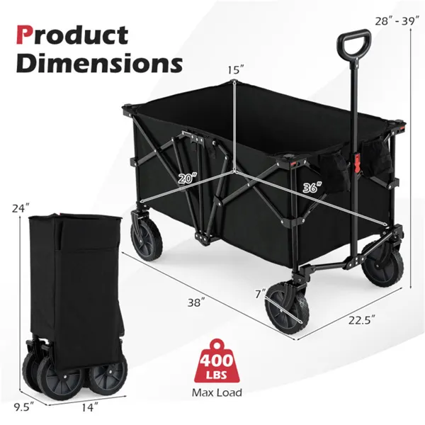 Black 400 Lbs Heavy-Duty Collapsible Wagon Cart With All-Terrain Wheels, 180L Capacity Folding Utility Cart For Camping Shopping