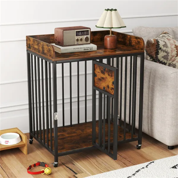 2-in-1 Dog Crate Furniture With Thickened Metal Tubes, Lockable Wheels Pet Kennel For Small Dogs