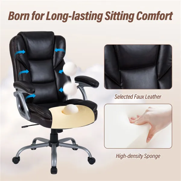 Ergonomic Executive Office Chair With Contoured Backrest, Adjustable Height & Recline For Home Office-Brown