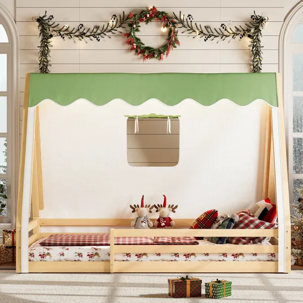 Twin Size House Floor Bed With Tent And Light, Solid Wood Teepee Floor Bed With Full-length Guardrails, Montessori And Childlike Design, Natural+Green