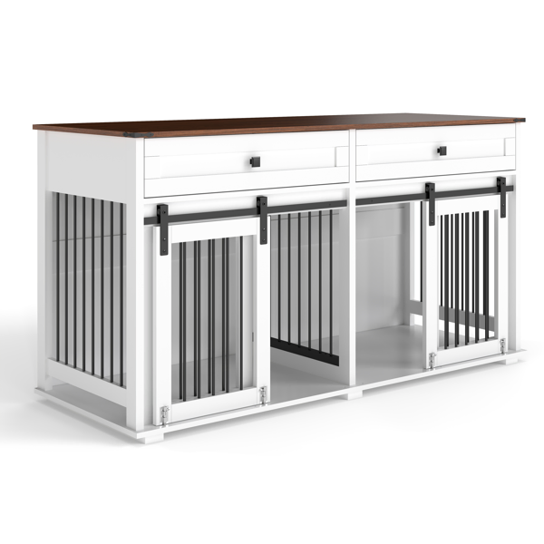 63'' Large Dog Crate Furniture For Double Dog, Wooden Dog Kennel With 2 Drawers,Divider And Sliding Door, Water Resistant Indoor Pets Furniture Style Double Dog Crates