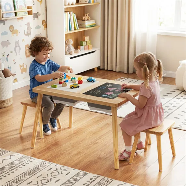 All-in-One Kids Activity Table And Chairs Set, Pine Wood Sensory Table With Foldable Storage Bins, Chalkboard & Whiteboard For Ages 3+