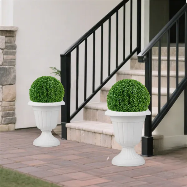 Set Of 2 Vintage Urn Planters, Weather-Proof PP Flower Pots With Optional Drainage Holes For Indoor Outdoor Use-White