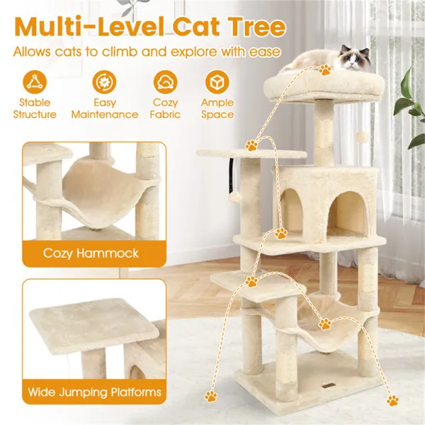 44" Multi-Level Cat Tree With Spacious Top Perch, 2-Door Condo & Hammock For Indoor Cats -Beige