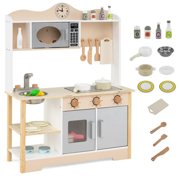 Gray Wooden Kids Play Kitchen With 13 Accessories, Pretend Cooking Set For Toddlers 3+ - Image 1