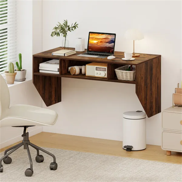 Rustic Brown Wall-Mounted Floating Computer Desk With 3-Cube Storage, Sturdy Wooden Workstation For Home Office
