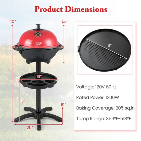 Red 1200W Electric BBQ Grill With Double-Zone Cooking, 2-in-1 Freestanding & Countertop Grill For 6-10 People