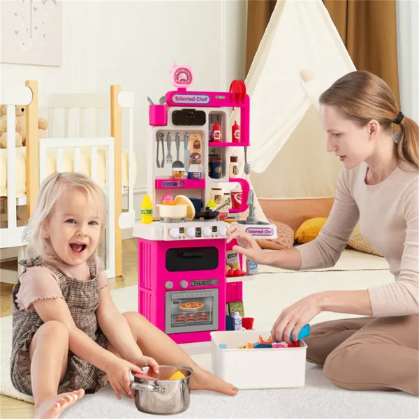 Pink Kids Corner Play Kitchen With Realistic Sounds, Lights & Steam, 95PCS Accessories Pretend Cooking Set For Ages 3+