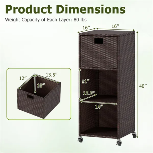 Mix Brown PE Rattan Outdoor Storage Cabinet, 3-Shelf With Removable Drawer & Lockable Wheels