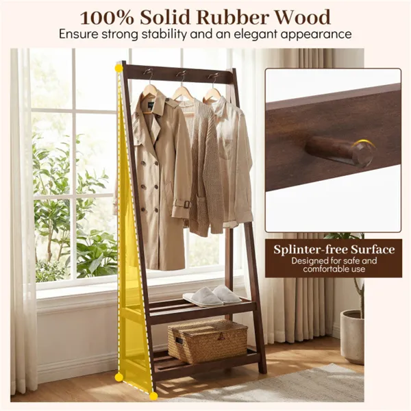 100% Solid Rubber Wood Freestanding Coat Rack, A-Frame Stable Garment Hanger With 3 Hooks & 2 Shelves