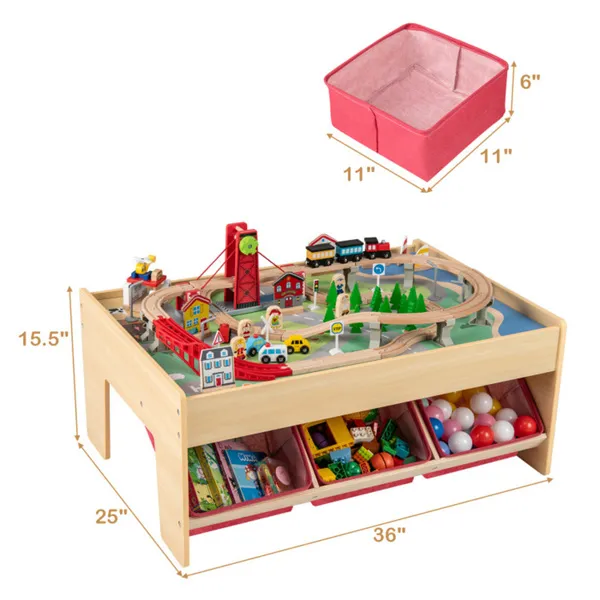 Kids Wooden Train Table With 94PCS Accessories, 2 Reversible Tabletops & 3 Fabric Storage Drawers For Ages 3+
