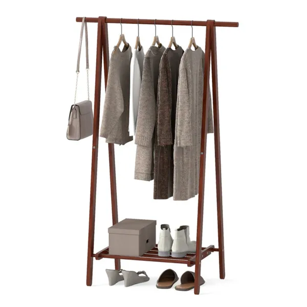 Solid Rubber Wood Folding Coat Rack, A-Frame Standing Clothes Rack With Bottom Storage Shelf