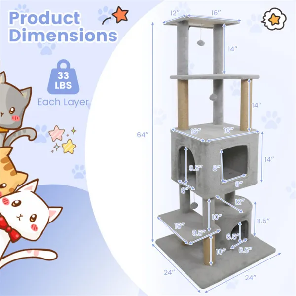 64" Light Gray Cat Tower With Plush Perches & 3 Dangling Balls, Jute Scratching Posts & Anti-Tipping Device For Multi-Cat Households