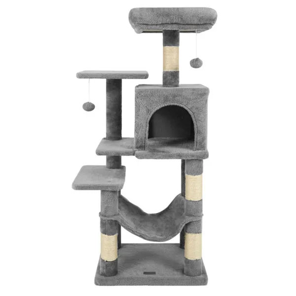 44" Multi-Level Cat Tree With Spacious Top Perch, 2-Door Condo & Hammock For Indoor Cats -Light Gray