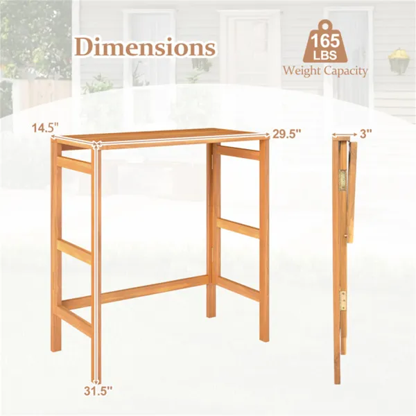 Natural Acacia Wood Foldable Patio Bar Table With Footrest & Slatted Top, Space-Saving Outdoor Pub Table