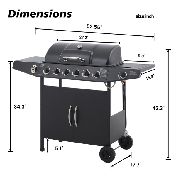 6 Burner BBQ Propane Gas Grill With Side Burner 59000 BTU Output Stainless Steel Barbecue Grill With Enamel-Coated Grates And Side Tables For Outdoor Cooking Kitchen And Patio Backyard.