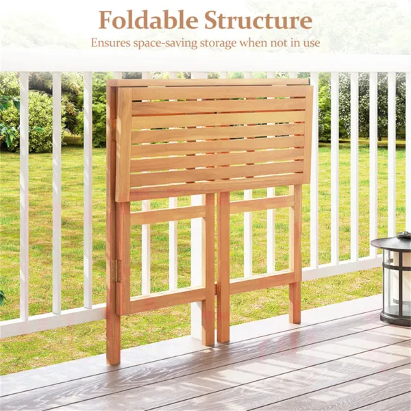 Natural Acacia Wood Foldable Patio Bar Table With Footrest & Slatted Top, Space-Saving Outdoor Pub Table