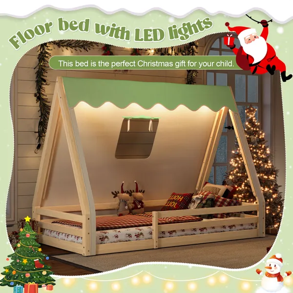 Twin Size House Floor Bed With Tent And Light, Solid Wood Teepee Floor Bed With Full-length Guardrails, Montessori And Childlike Design, Natural+Green