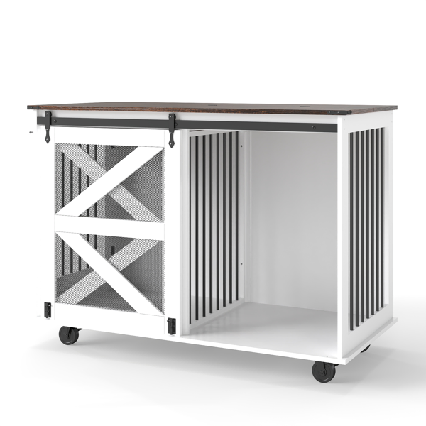 47.2" Mobile Dog Crate With Flip-Top Feeding Door, Dual-Access & 5 Caster System (2 Locking), Side Hooks - Multi-Functional Pet Kennel,double Dog Crate Furniture