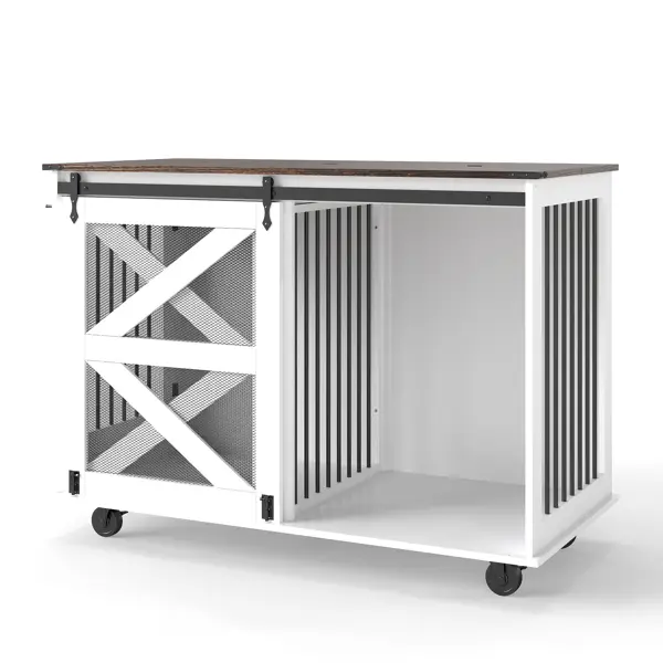 Mobile Dog Crate Furniture with Sliding Barn Door and Flip-Top Lid