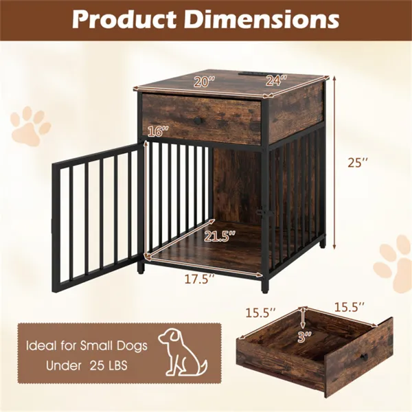 Black+Brown 2-in-1 Dog Crate End Table With Charging Station, Chew-Resistant Metal Tube Pet Furniture For Small Dogs Under 25 Lbs