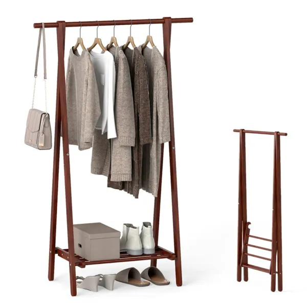 Solid Rubber Wood Folding Coat Rack, A-Frame Standing Clothes Rack With Bottom Storage Shelf