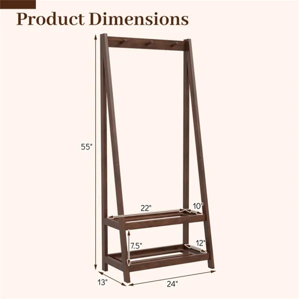 100% Solid Rubber Wood Freestanding Coat Rack, A-Frame Stable Garment Hanger With 3 Hooks & 2 Shelves