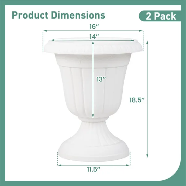 Set Of 2 Vintage Urn Planters, Weather-Proof PP Flower Pots With Optional Drainage Holes For Indoor Outdoor Use-White
