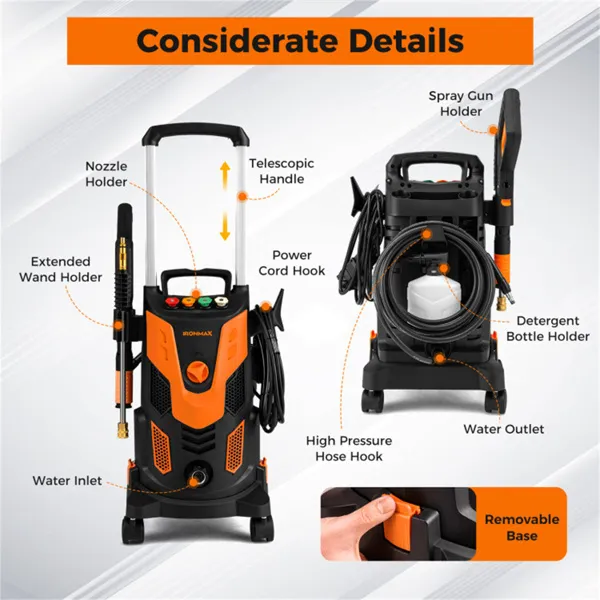 Orange Black 2300 PSI Electric Pressure Washer With 4 Quick-Connect Nozzles & Soap Bottle, 1900W High-Power Cleaner For Driveway Patio