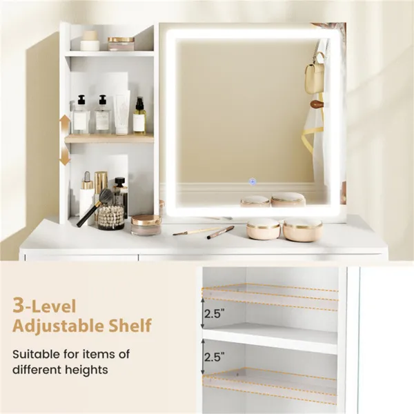 White Vanity Desk And Stool Set With Sliding Mirror & 3-Mode LED Light Strip, Anti-Toppling Dressing Table With Ample Storage
